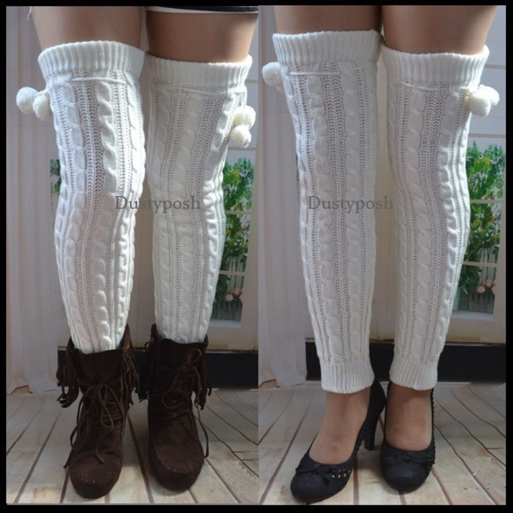 Long Cable Knit Leg Warmers Over The Knee Socks Bed Room White Grey Footless New